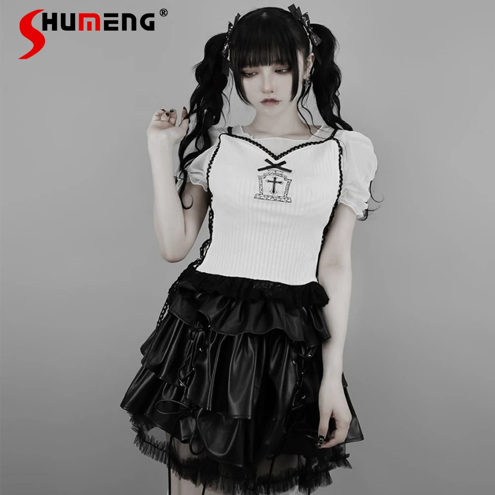 Japanese Mine Style Harajuku Hollow Out Lace Mesh Stitching Square Neck Puff Sleeve Side Lace-up Slim Fit Y2k Top T-shirt Women