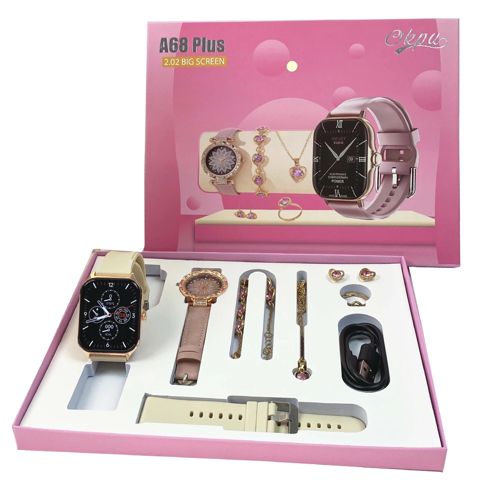 Fashion Smart Watch Gift Box Set + Diamond Quartz Watch + Necklace + Earrings + Ring + Bracelet