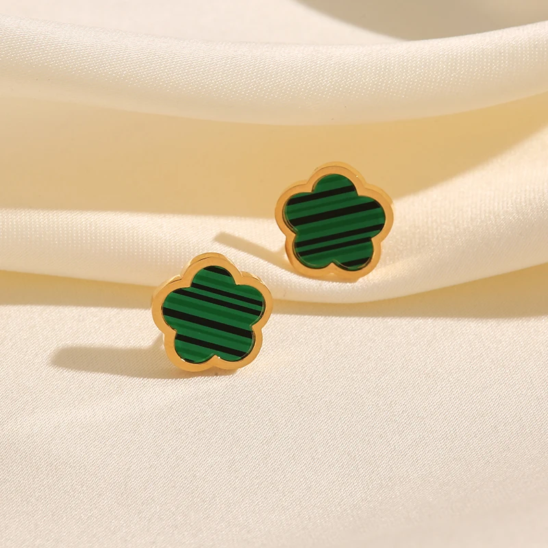EILIECK 316L Stainless Steel Gold Color 5-Leaf Flower Stud Earrings For Women Personality Fashion Clover Ear Jewelry Girls Gift