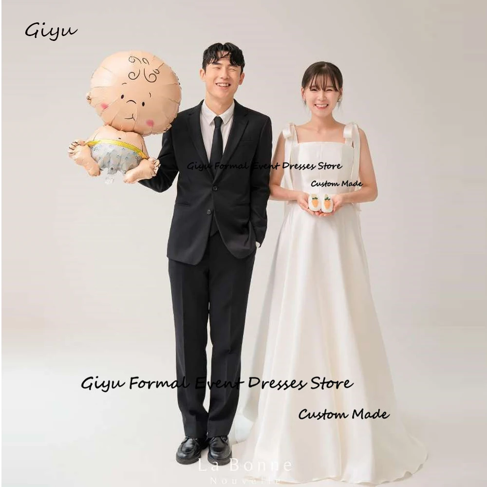 

Giyu Simple A Line Satin Wedding Dresses Korea Photoshoot Straps Floor Length Corset Back Bridal Gowns Plus Size Plain Women