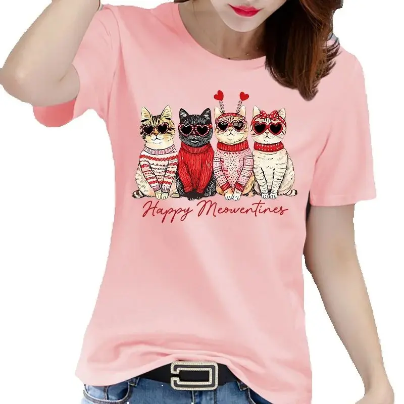 Women's Cotton 100% round Neck Short Sleeve T-shirt with Four Kittens Print Casual Top Hot Sale New Item Cute animals Summer