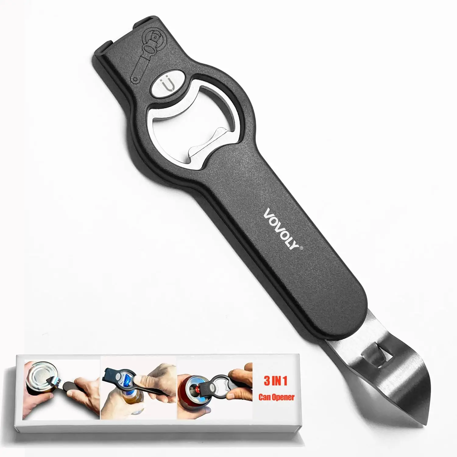 

3-in-1 Magnetic Can Opener for Refrigerator, Stainless Steel Manual Bottle Opener with Cap Catcher