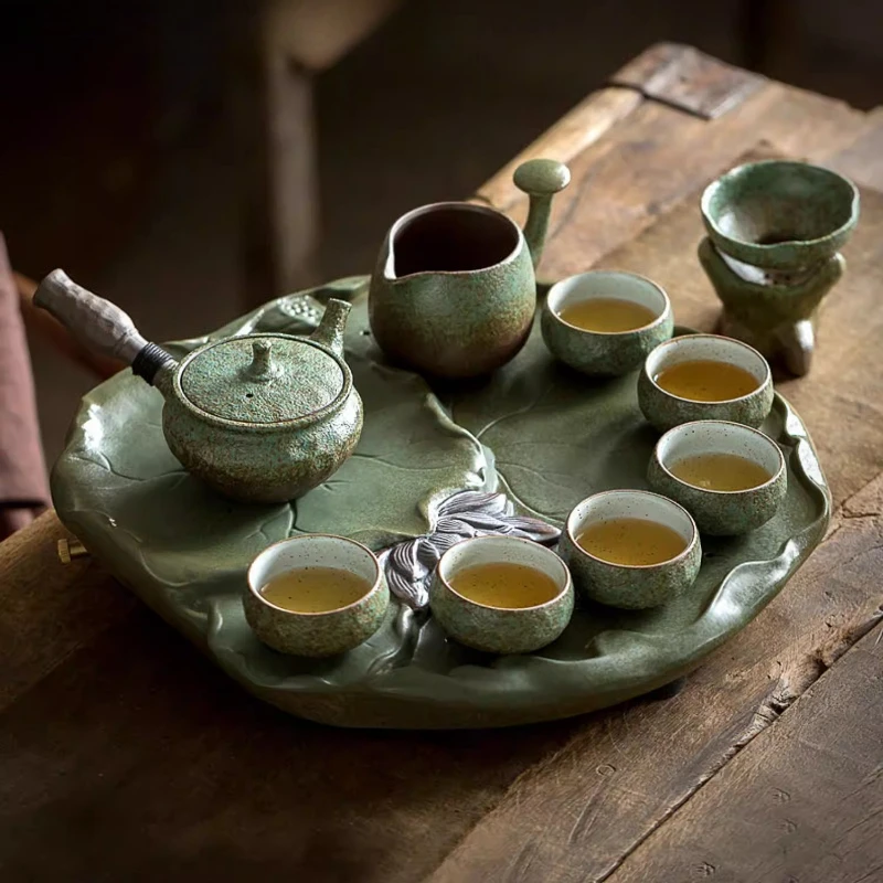 Rustic Gongfu Tea Set, Chinese Retro Style Ceramic Teapot,Handmade Pottery with Matching Tea Tray,Complete Ceramic Brewing Set