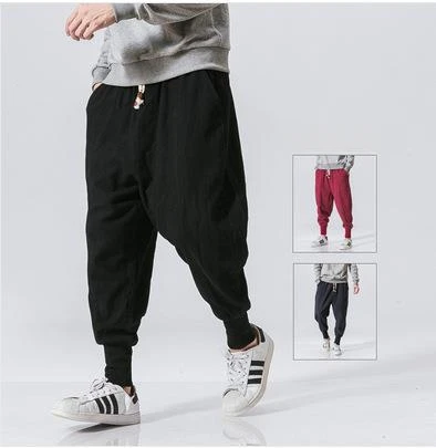 New Cotton Linen Harem Pants Men Solid Elastic Waist Streetwear Joggers Baggy Drop-crotch Pants Casual Trousers Men