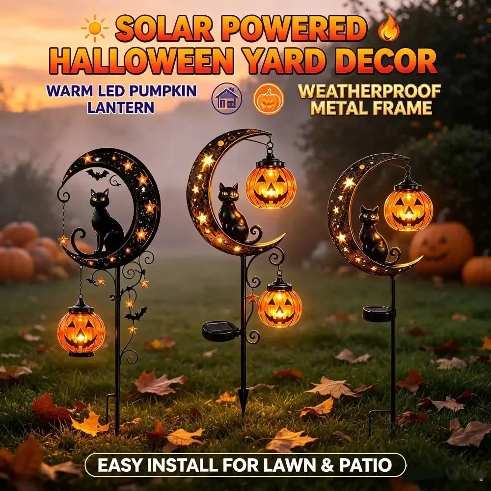 Waterproof Solar Lamp Iron Cat Moon Design Jack-o-lantern Design Solar Garden Lights Auto On/Off Landscape Lighting