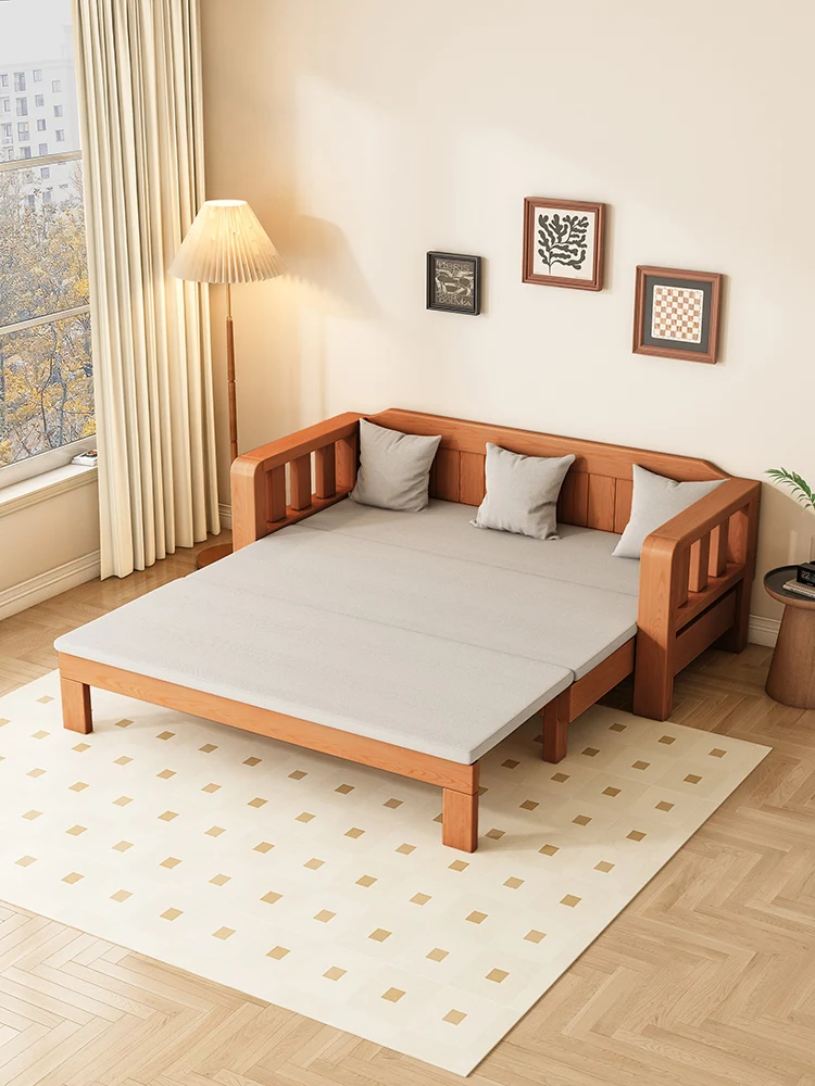 Solid wood sofa bed foldable small apartment living room sitting and sleeping double sofa balcony 1.2 meters single pull-out bed