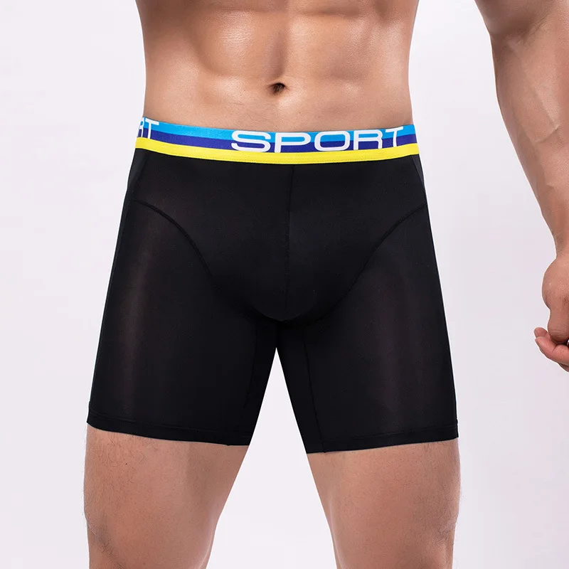 Ropa interior Sexy de M-4XL para hombre, Bóxer corto de cintura alta fina, bolsa de pene con bulto de seda de hielo, Calzoncillos de pierna larga,