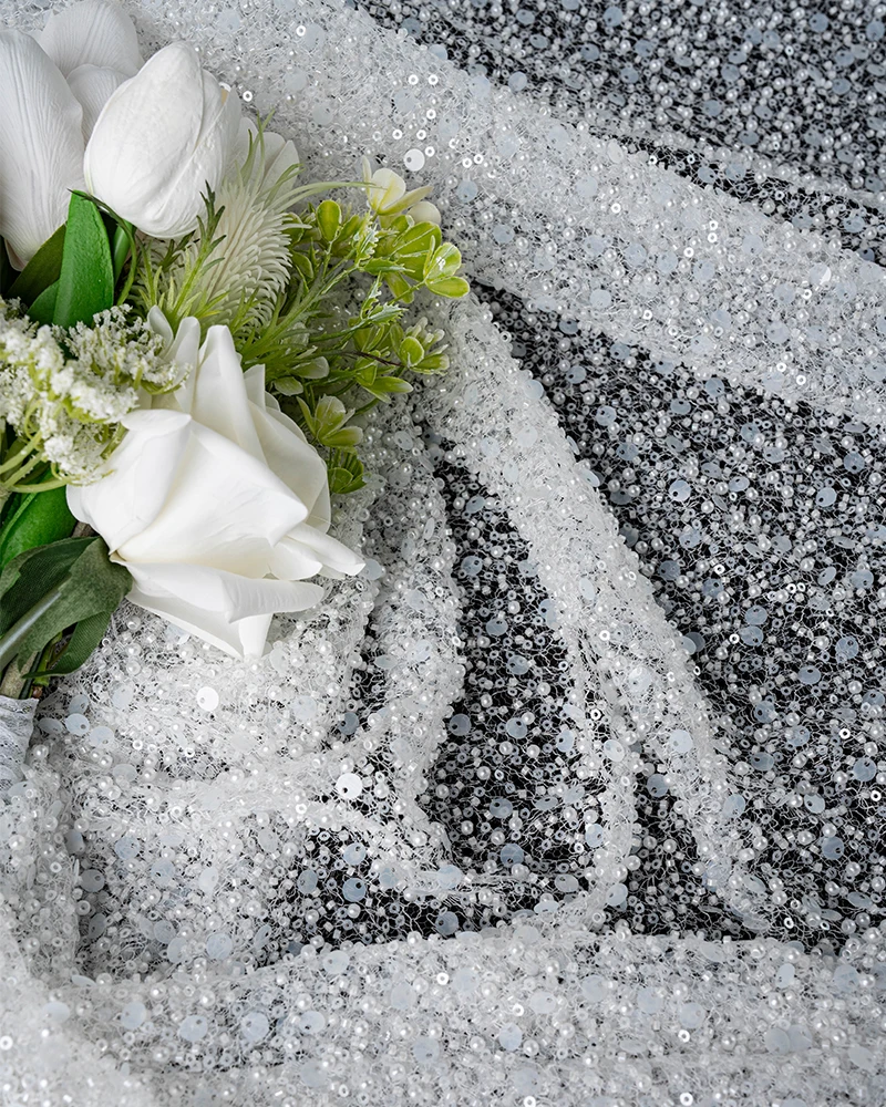 Tela de encaje de lentejuelas con cuentas de lujo, vestido de novia de malla bordado con perlas de cristal y lentejuelas transparentes brillantes con nobleza