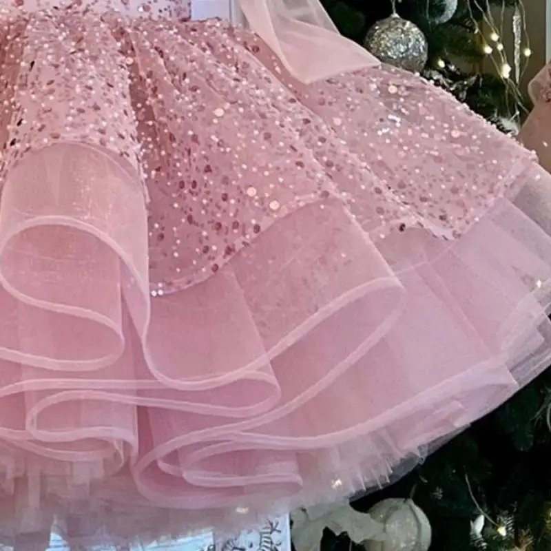 2024 Pink Sweet Cute Girl Princess Dress Sequin Bow Evening Dresses Newborn Baptismal Clothing New Square Neck Fluffy Vestidos