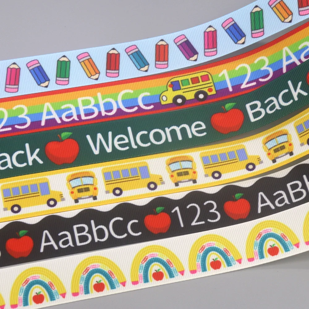 DUWES 50yards School ABC 123 Bus Printed Grosgrain Ribbon Accessories Material Headwear Decoration DIY Sewing Craft D2345