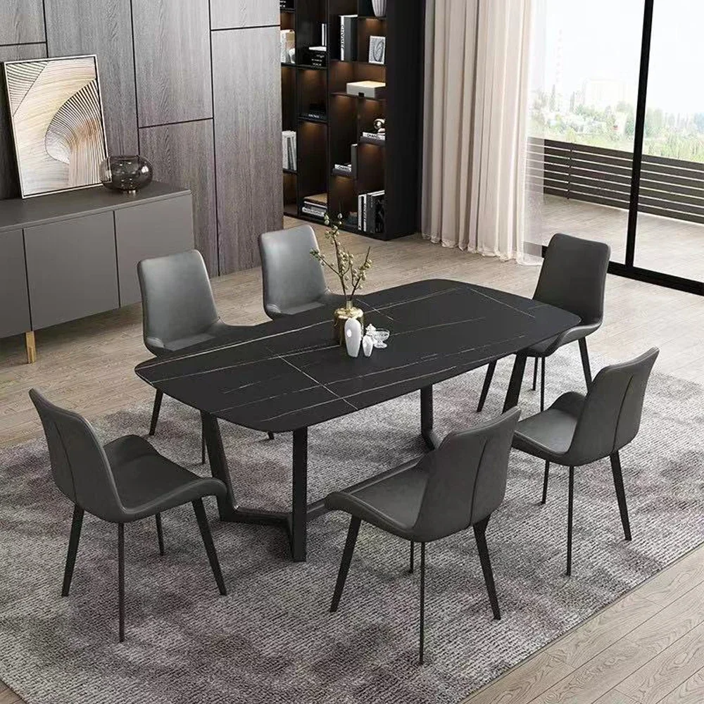 Modern nordic black base marble top dinner table with chair 8 persons dining tables chairs dinning room table set furniture