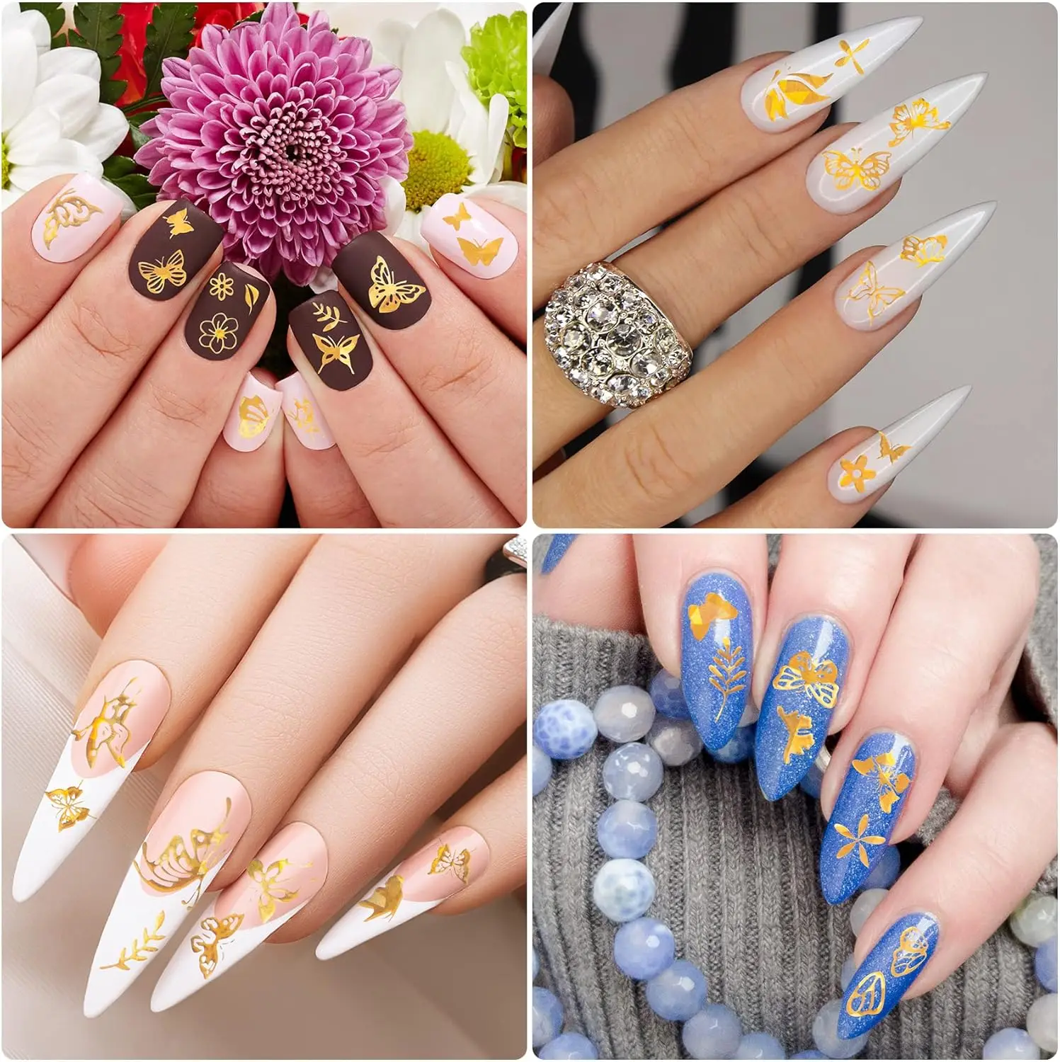 สติ๊กเกอร์ติดเล็บผีเสื้อโฮโลแกรมสีทอง 4 ชิ้น - สติ๊กเกอร์ติดเล็บฝรั่งเศส 3 มิติ เหมาะสําหรับทําเล็บที่บ้านหรือร้านเสริมสวย