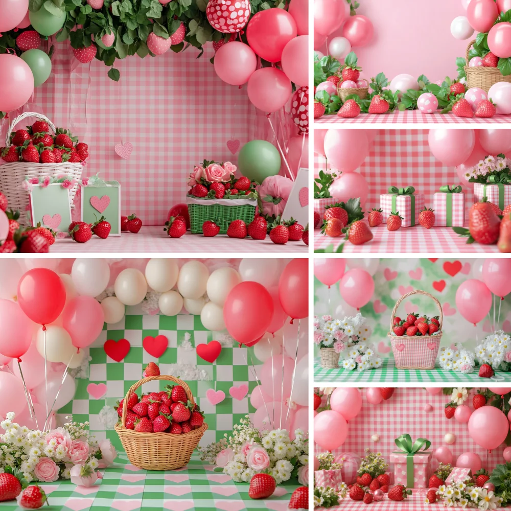 

Sweet Strawberry Girl 1st Birthday Photography Background Garden Red Balloon Backdrop Baby Show Cake Smash Photo Studio