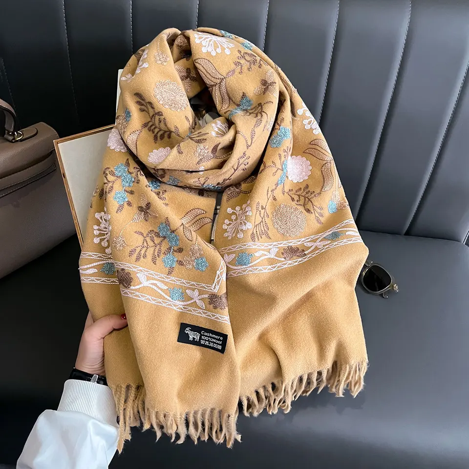 New Winter Warm Cashmere Scarf for Women Embroidery Pashmina Blanket Thick Shawl Wrap Neckerchief Fashion Bufanda Echarpe Poncho, image 3