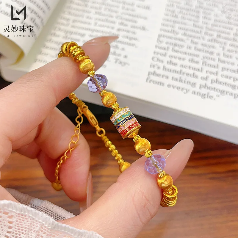 Butik z modą 9999 24-karatowe prawdziwe złoto emalia kolorowe koło modlitewne bransoletka z kotym oko bransoletka z fasetowanymi koralikami transportowymi