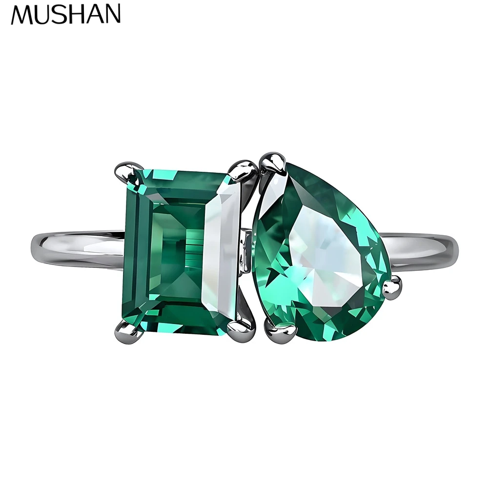

MuShan Luxury Jewelry 925 Sterling Silver Ring Lab Grown Green Emerald Heart Bridal Statement for Women 18K Gold Plated Rings