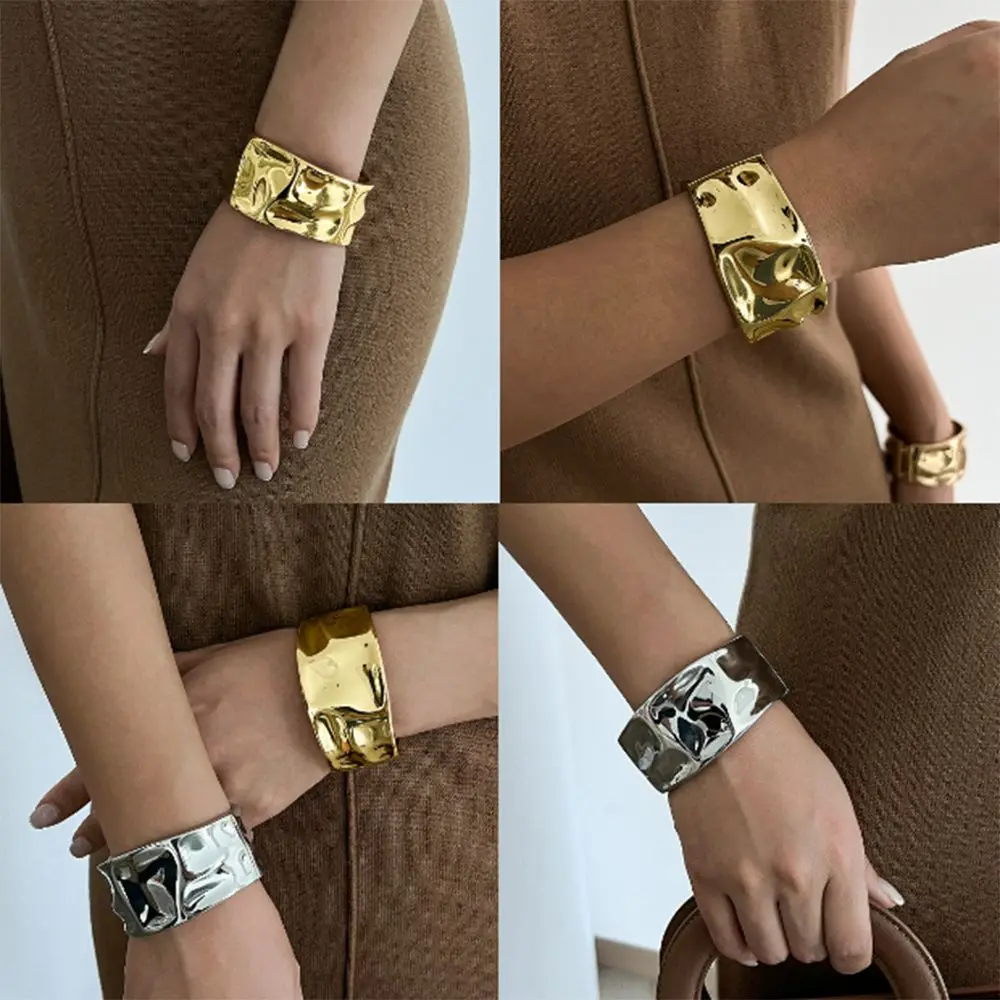 女性用ラウンドワイドパターンブレスレット,メタルハンドチェーン,不規則なハンドジュエリー,プレミアムニッチ,エレガントなファッション,春