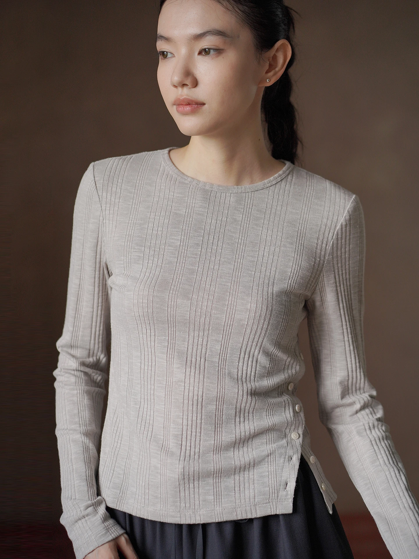 Slimming Effect Long Sleeve round Neck Top for Women Casual Style Standard Fit Knitted Polyester Cotton Spandex Blend