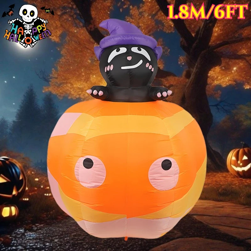 

1.8M/6FT Inflatable Toys Black Cat Sit on Pumpkin Halloween Decoration Outdoor Garden Homes Decor Glowing Toy Inflated Model