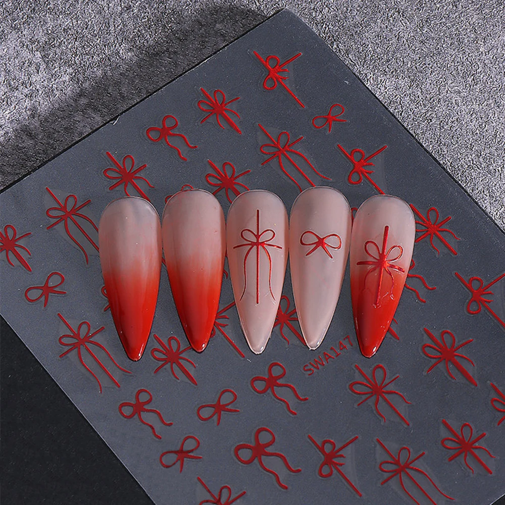 3 أوراق هدية الانحناء ملصقات الأظافر معدنية الذهب الأخضر الأحمر تصميم الشريط البسيط DIY بها بنفسك سحر السنة الجديدة عطلة المتزلجون مانيكير الشارات #4