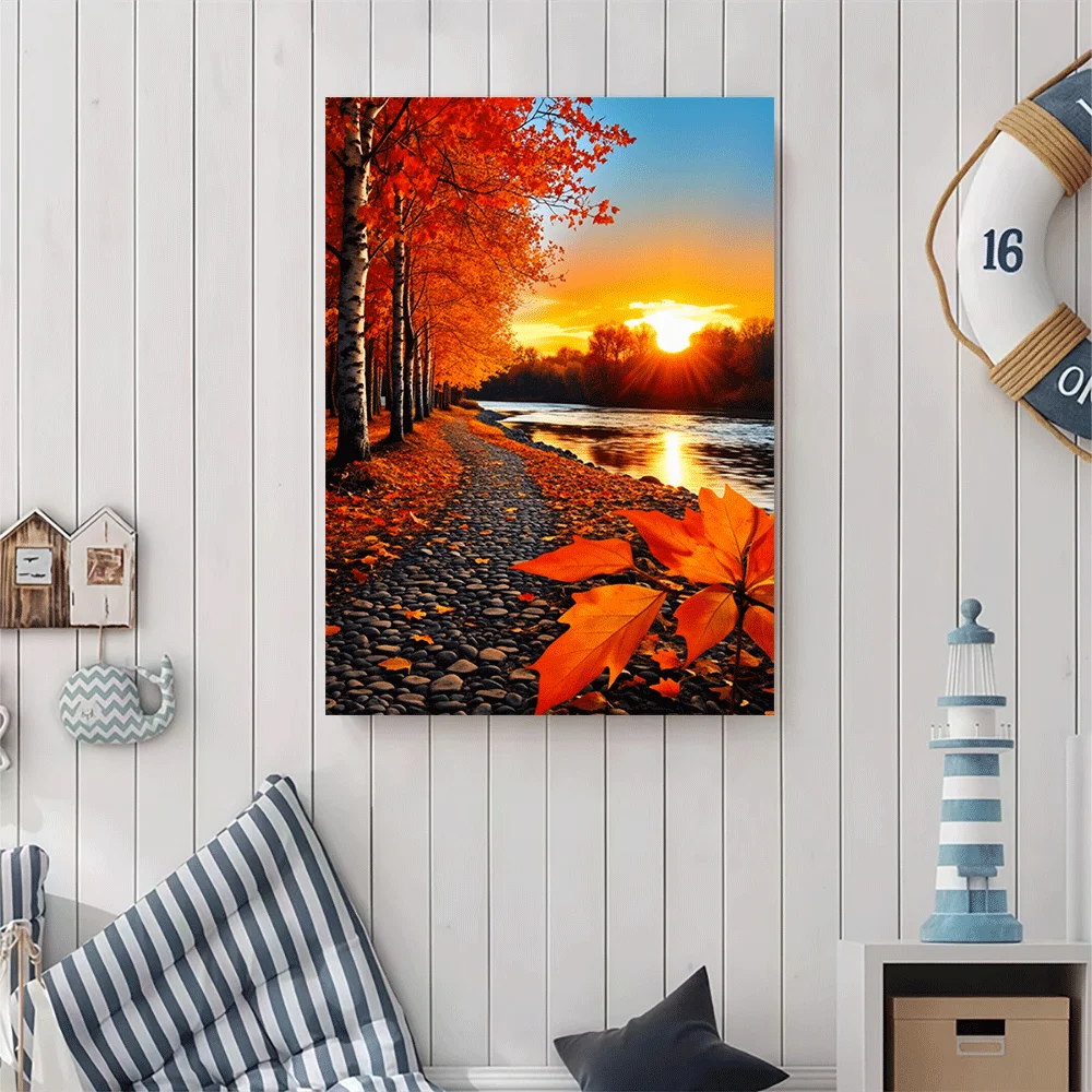 1PC-Canvas poster Unframed  Autumn Sunset River Path Birch Trees Fall Leaves Landscape Art Print  summer