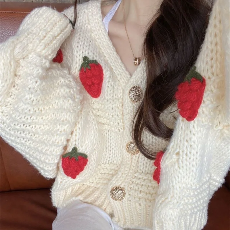 Sweaters Women Sweet Strawberry Design Autumn Cozy Long Sleeve Girlish Straight Cute Cardigan Casual V-neck Harajuku Knitwear