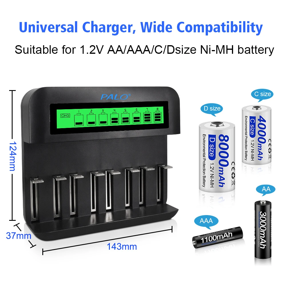 PALO 8000mAh D Type Battery High Capacity 1.2V R20 D Size Rechargeable Batteries For Flashlight Gas Cooker Radio Refrigerator