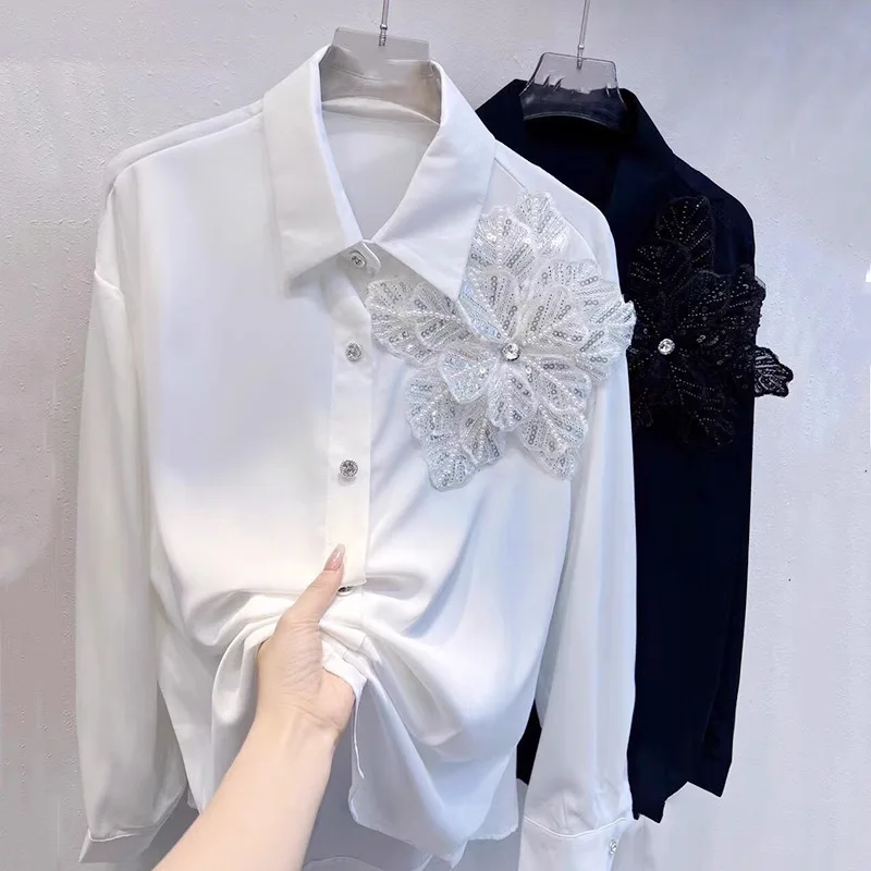 

European Women's Nail Bead Three-Dimensional Flower Lapel Single Breasted Solid Color Casual Long Sleeved Shirt