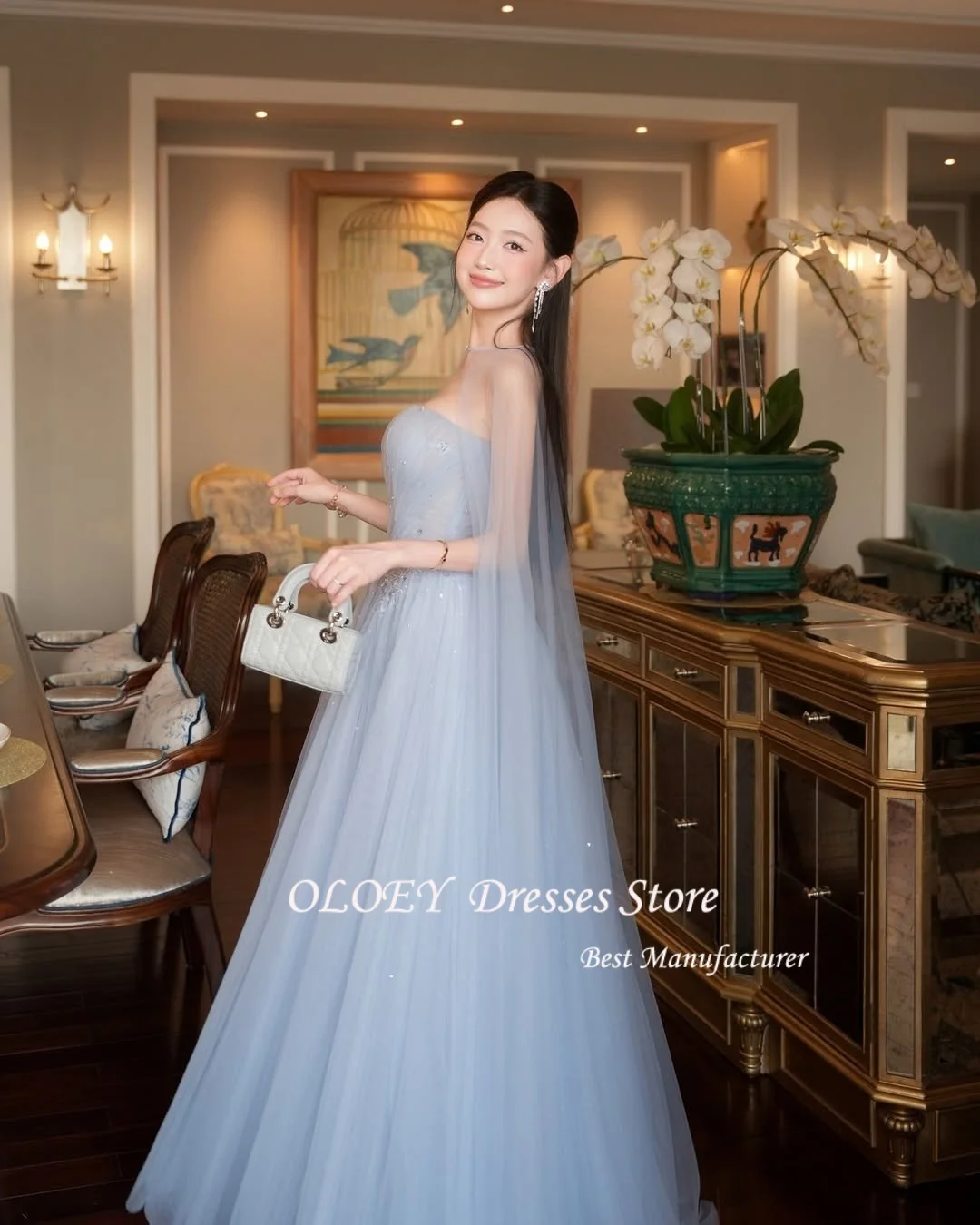 OLOEY 맞춤형 절묘한 라이트 블루 Organza 이브닝 드레스 우아한 크루 넥 숄 민소매 지퍼 백 특별 행사 가운