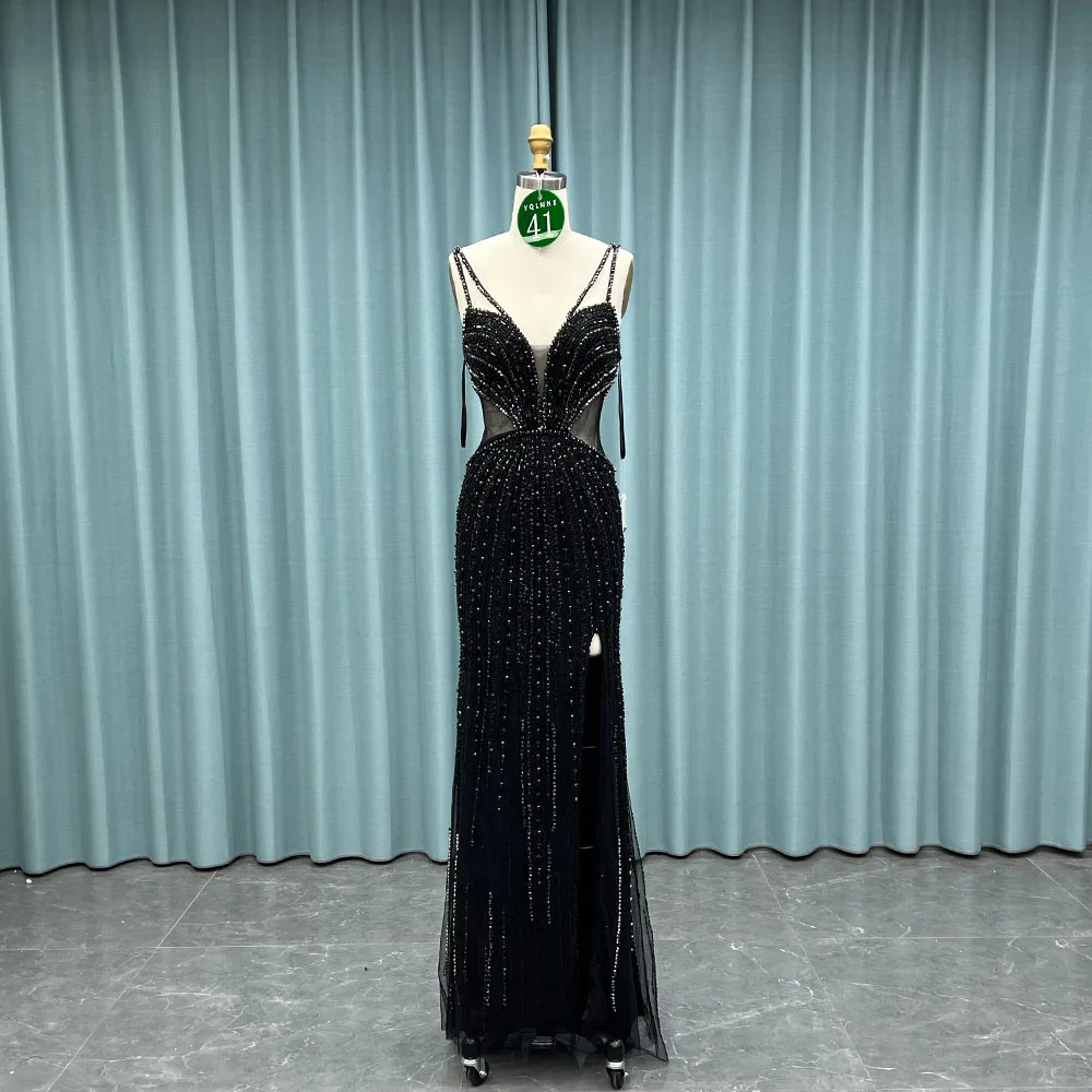 

YQLNNE 041 Black Crystals Beaded Mermaid Evening Pageant Gown With Straps
