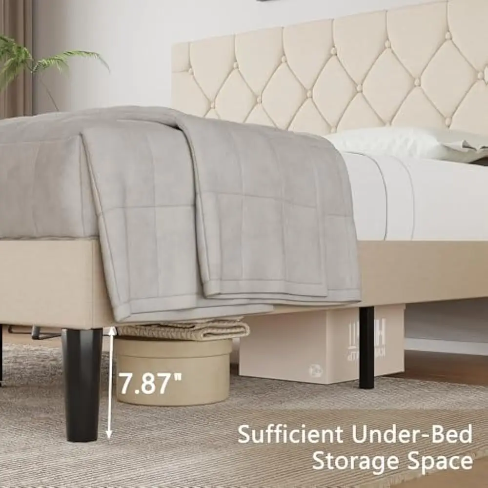 Estrutura de cama queen size com cabeceira tufada de botão, plataforma com suporte de ripas de madeira, sem necessidade de molas, estrutura de cama