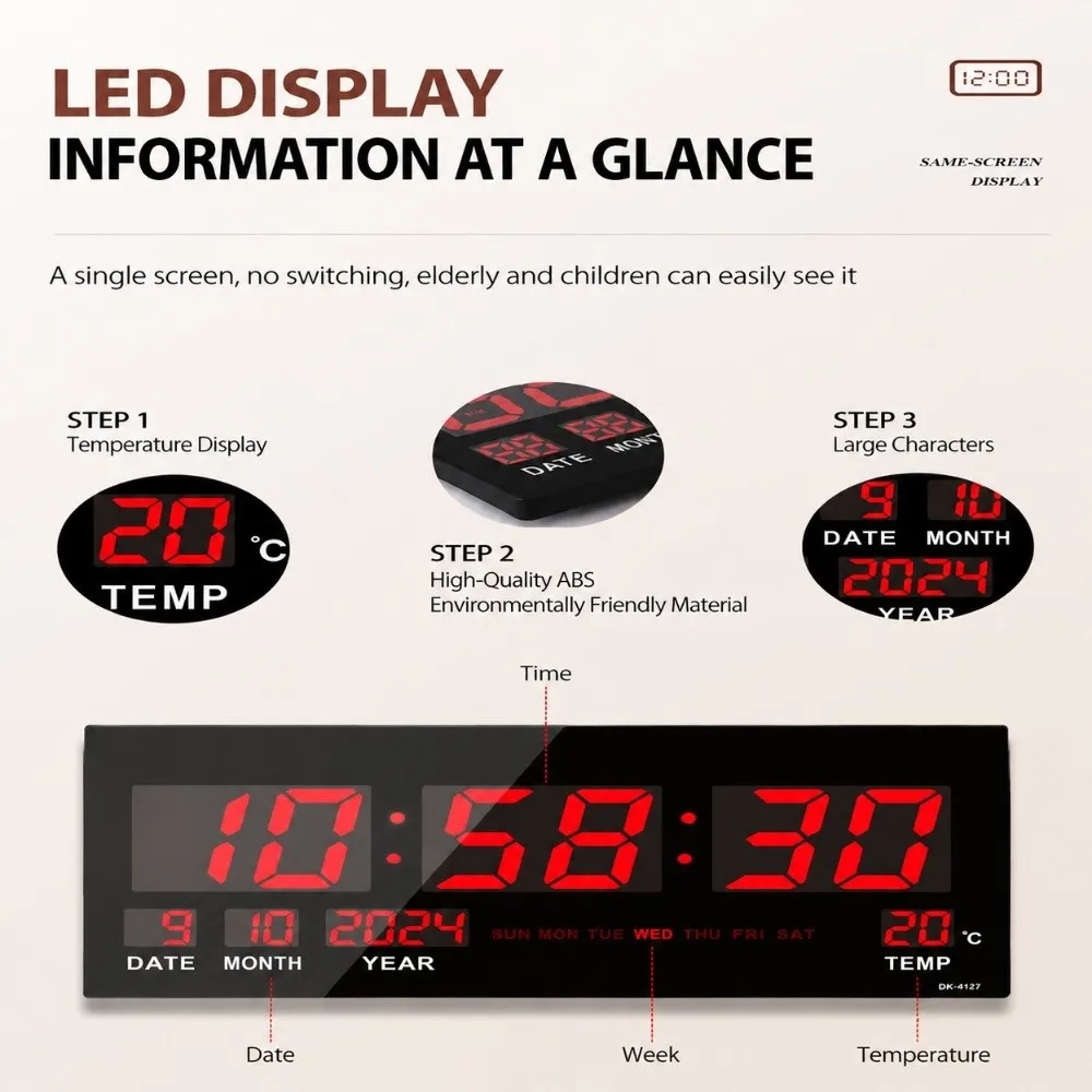 Black Digital Wall Clock LED Screen Temperature Display LED Wall Clock US/EU Plug In Use Electronic LED Clock Office Use