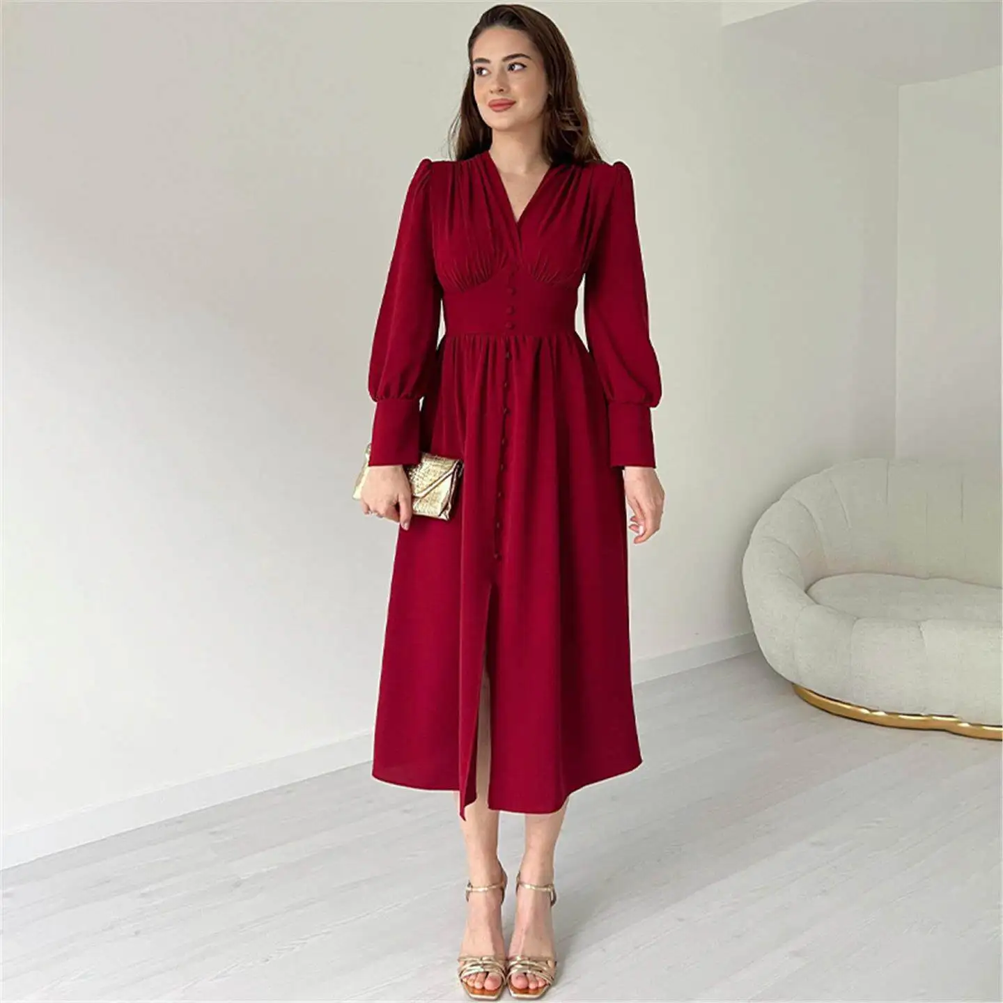 

Spring 2025 Pure Color V-Neck Long Sleeve Multi-Button Asymmetrical Dress Elegant Ladylike High Waist Three-acetate Fiber