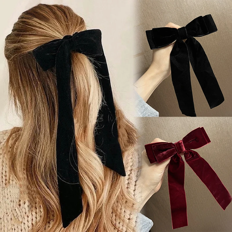 

Vintage Velvet Bow Hairpins Barrettes For Women Girls Wedding Long Ribbon Korean Hair Clip Hairgrip Hair Accessories