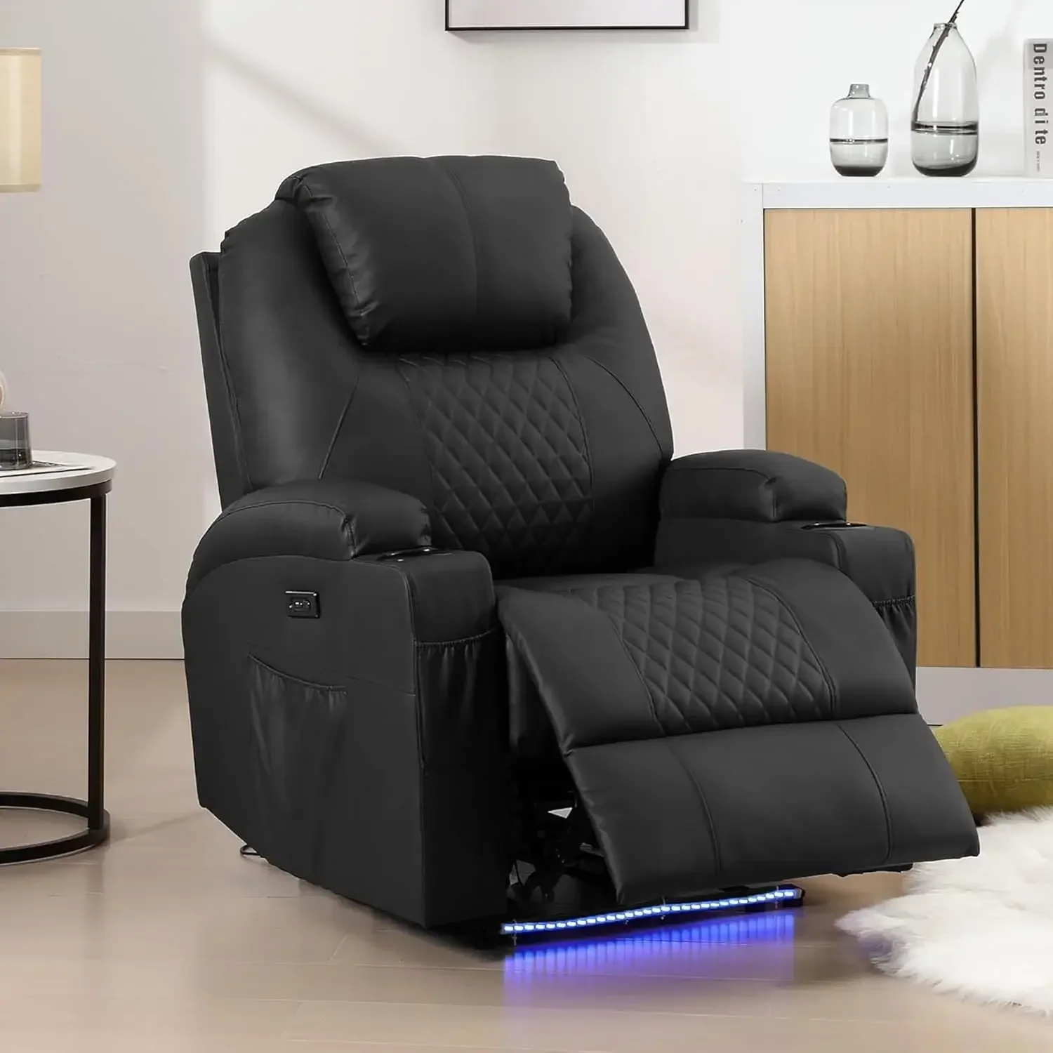 Power Recliner Chair, Home Theater Seating with LED Ambient Lighting, PU Leather Lazy Sofa Heat Massage Chair