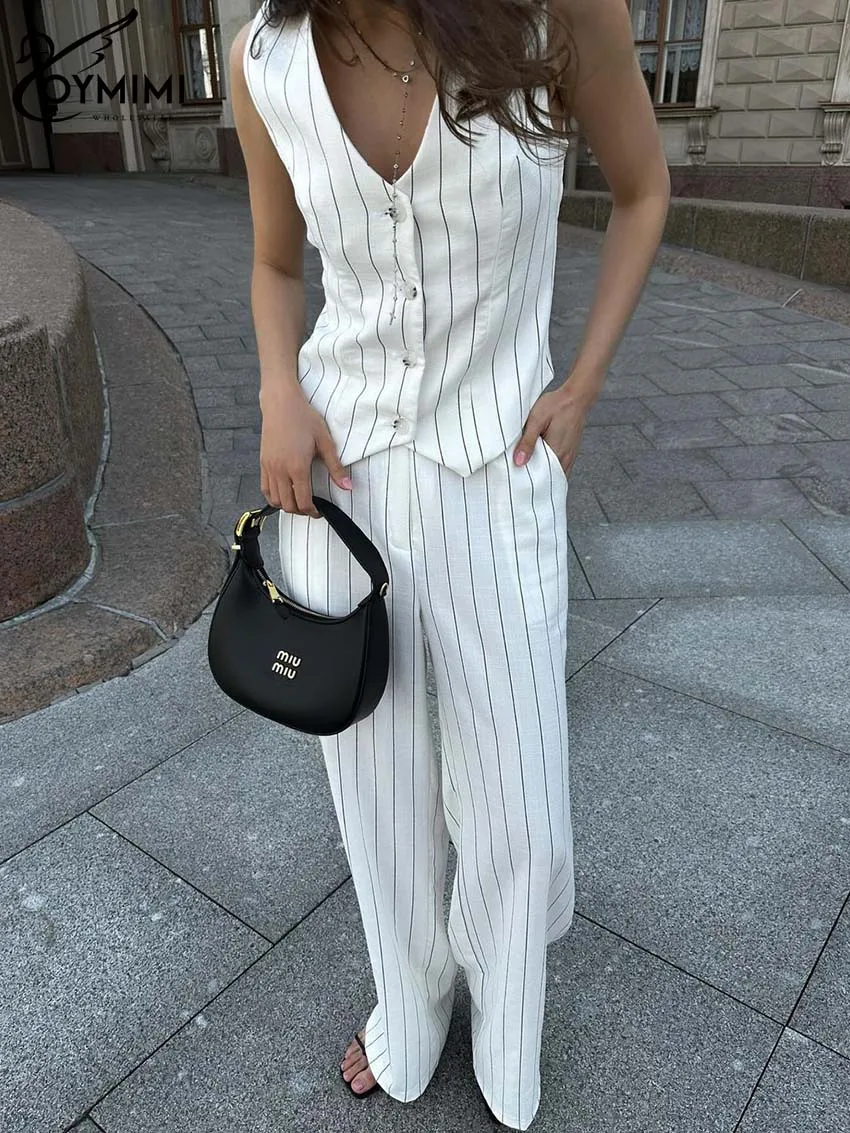 Oymimi Casual White Print Women 2 Piece Set Outfit Fashion V-Neck Sleeveless Tank Tops And High Waist Straight Trousers Sets