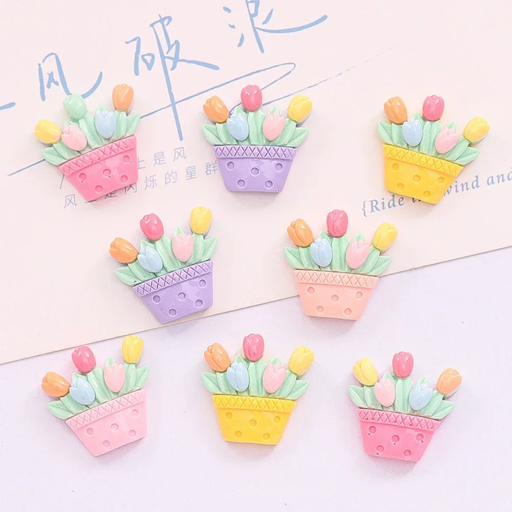 10PCS Shiny Tulip Flower Basket Resin Flat Back Cabochons For Hairpin Scrapbooking DIY Jewelry Craft Decoration Accessories