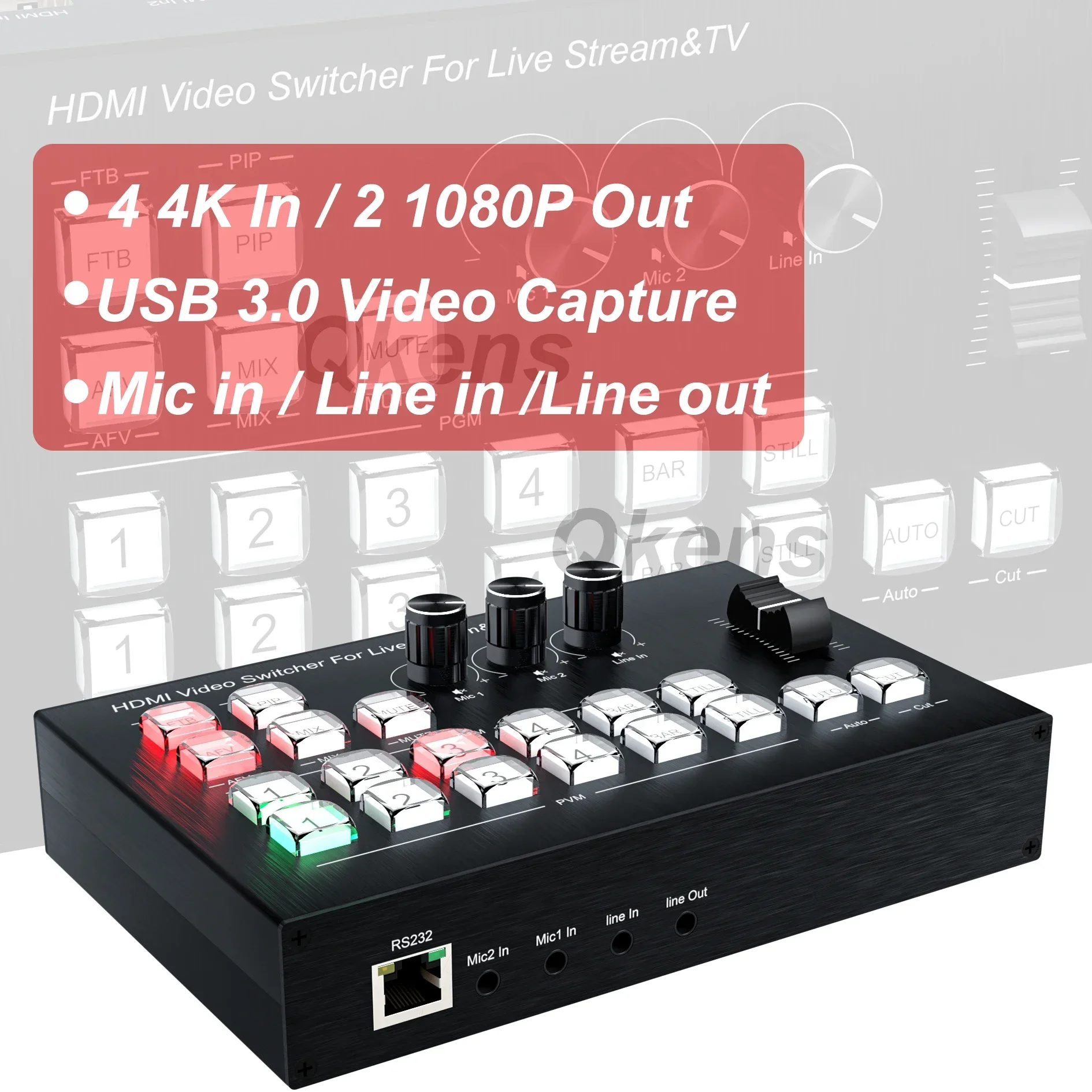 

4K 4 Channel HDMI Video Multi Camera Switcher for Live Broadcast Streaming Production Video Mixer Switcher Station Type C Record