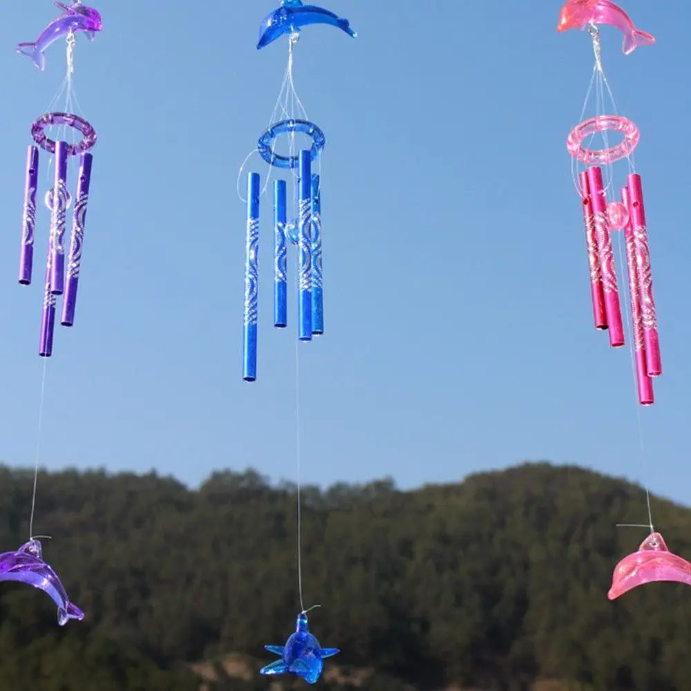 Cute Creative Crystal Dolphin Wind Chime 4 Metal Tubes Bell Home Garden