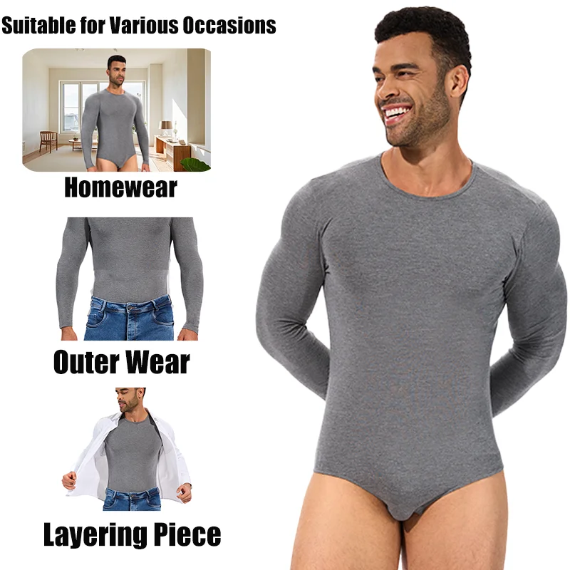 Slimbelle Men Slimming Shapewear Bodysuit Long Sleeve Tummy Control Romper Waist Trainer Full Body Shaper Round Neck Underwear