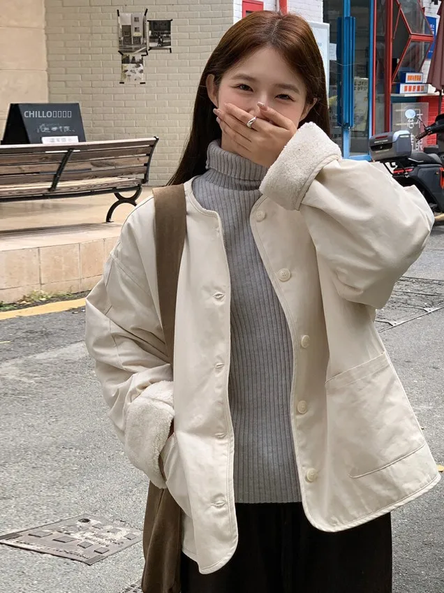 

Korean Sle Winter Cotton Jaet Women's Faionable Age-Defng Design Versatile round Ne Cute Casual Cotton Coat