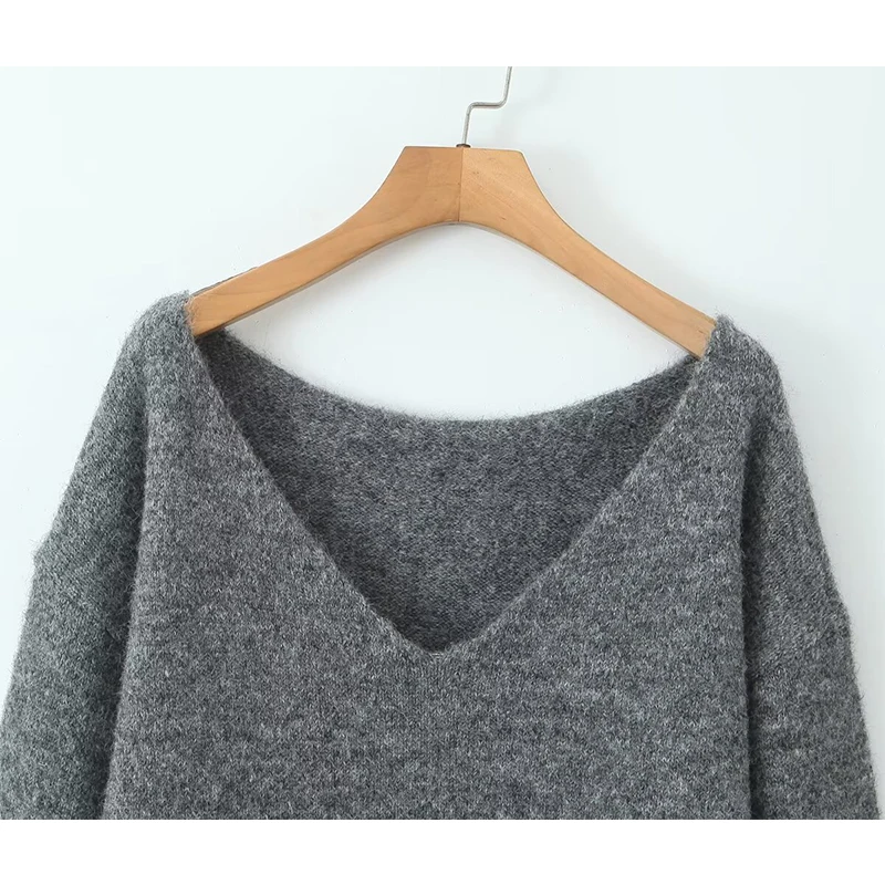 YENKYE Women Casual Sexy V  Neck Long Sleeve Knitted Pullovers  Autumn Winter Gray Sweaters