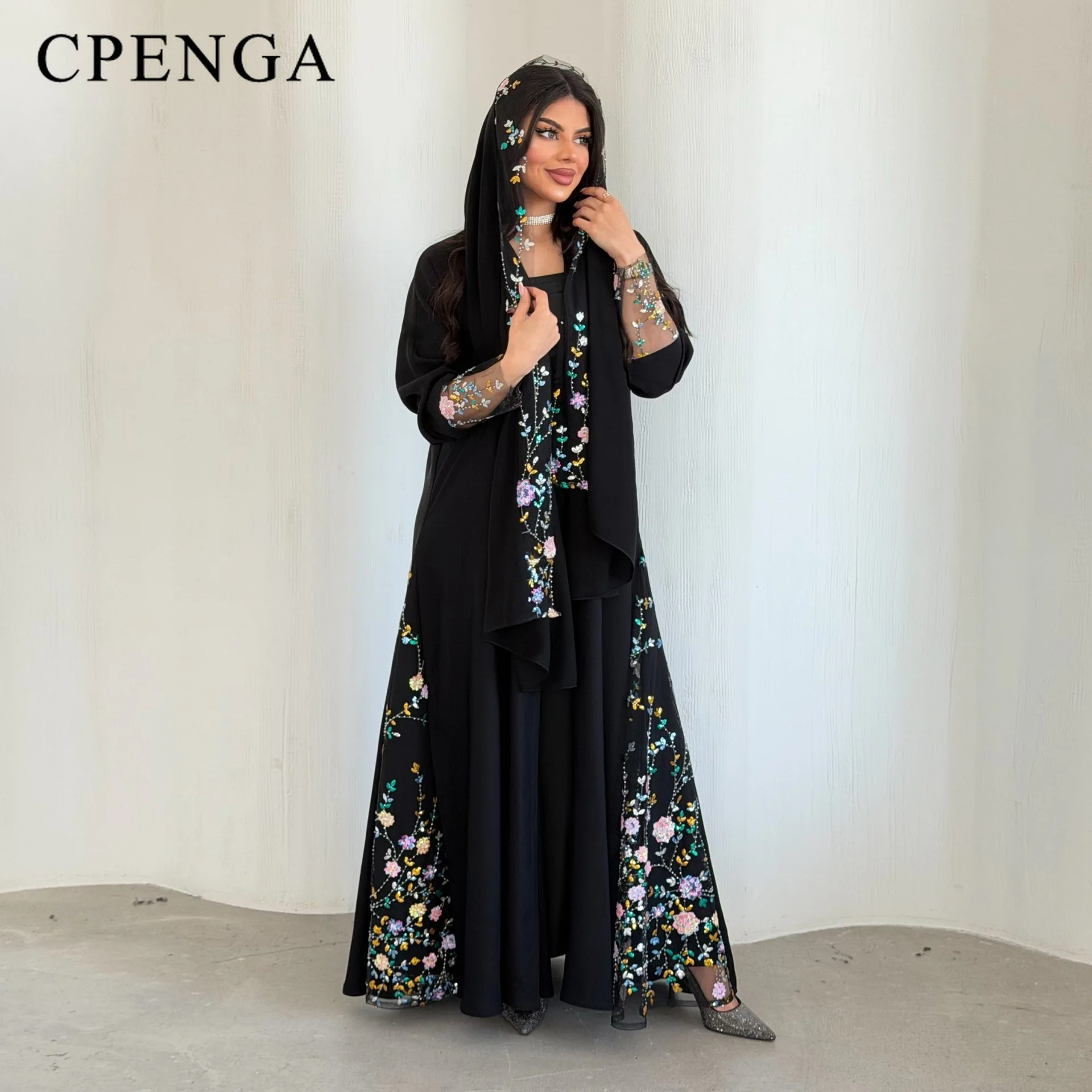 Luxury Floral Embroidered Sleeves Dubai Hijab Abaya Set for Muslim Women Elegant Modest Evening & Wedding Kaftan 2026