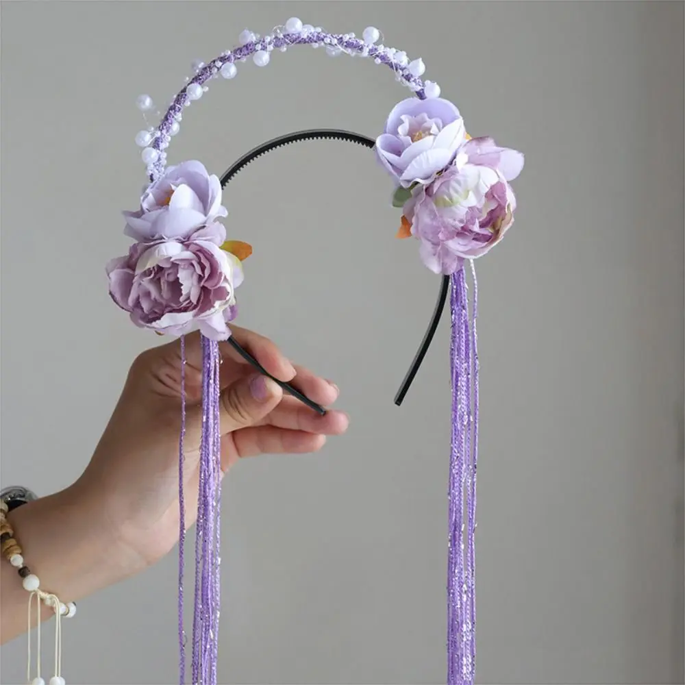 

Elegant Feather Flower Headband Seven Fairy Pearl Tassel Hair Hoop Cloth Elf Hanfu Hair Accessories Cute Headdress