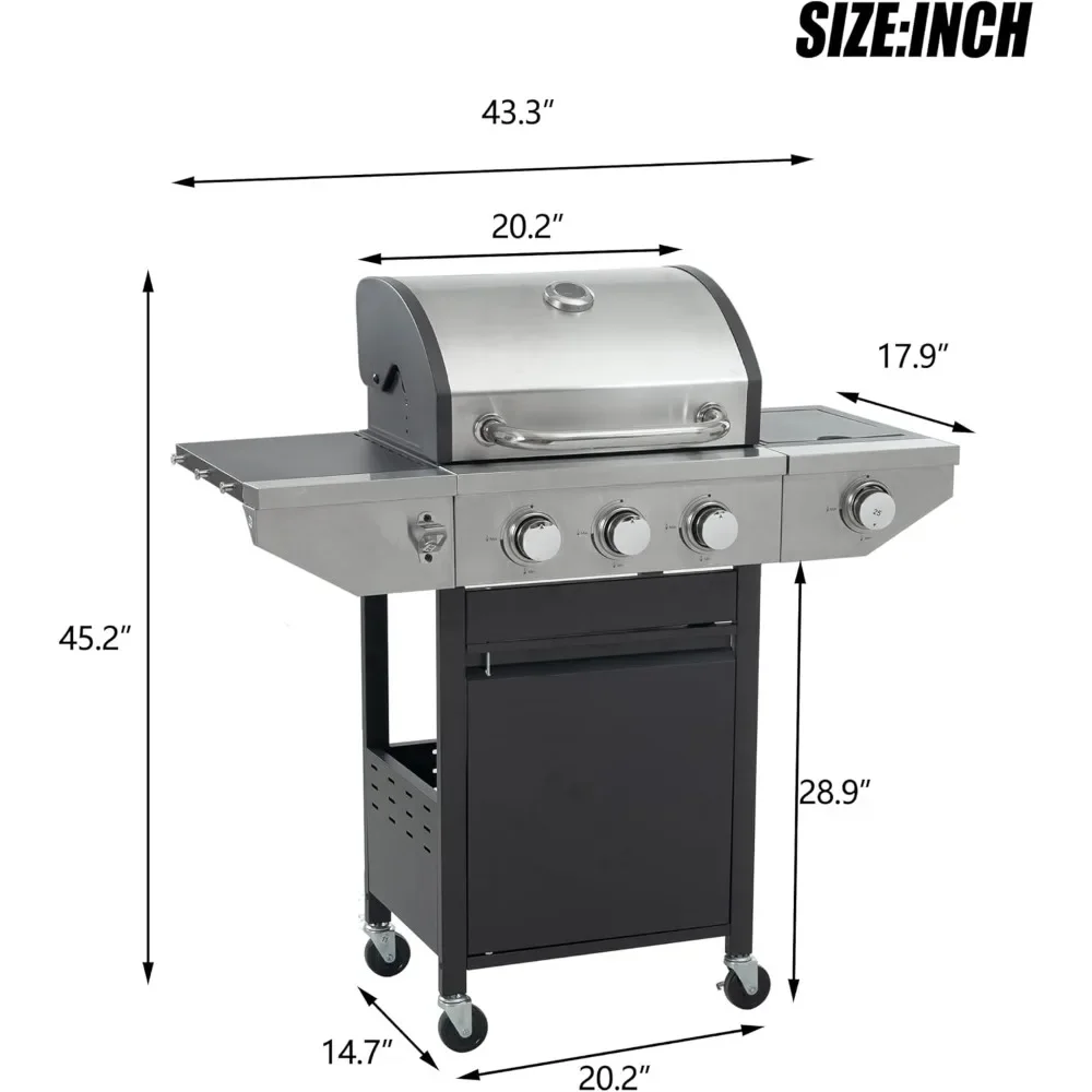 3-Burners Propane Gas Grill with Side Burner & Thermometer, 33950 BTU Output Stainless Steel Grill for Outdoor BBQ and Camping