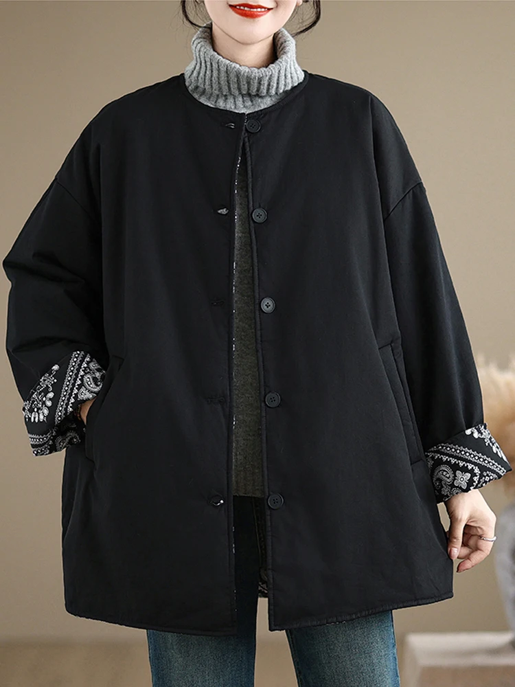 

2025 New Winter Clothes Vintage Literary Cotton-padded Women Parka Coat Casual Loose O-Neck Quilted Outerwear Tops