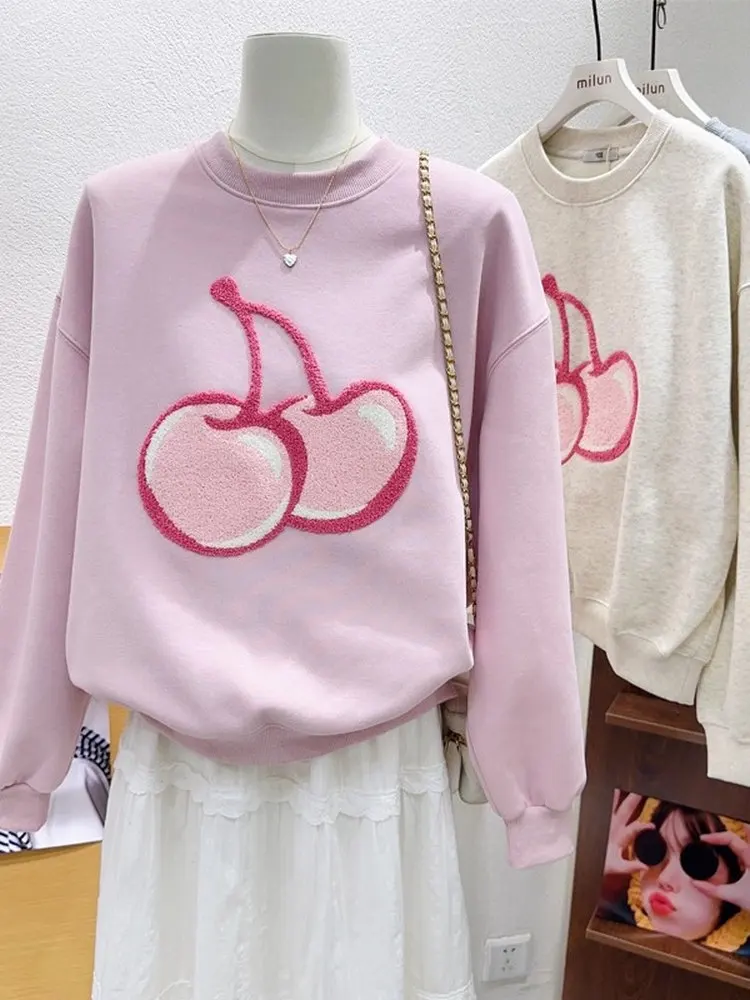 حجم كبير 300 Pou زهر الكرز المطرزة الوردي البلوز المرأة فضفاضة مستديرة Ne Overhead irt الربيع Faion