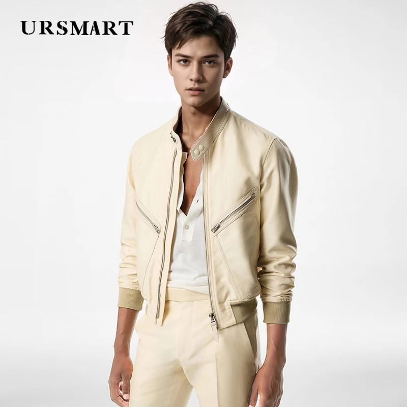 Men's Classic Stand-Up Collar Leather Jacket - British Fashion Custom Beige Sheepskin Coat