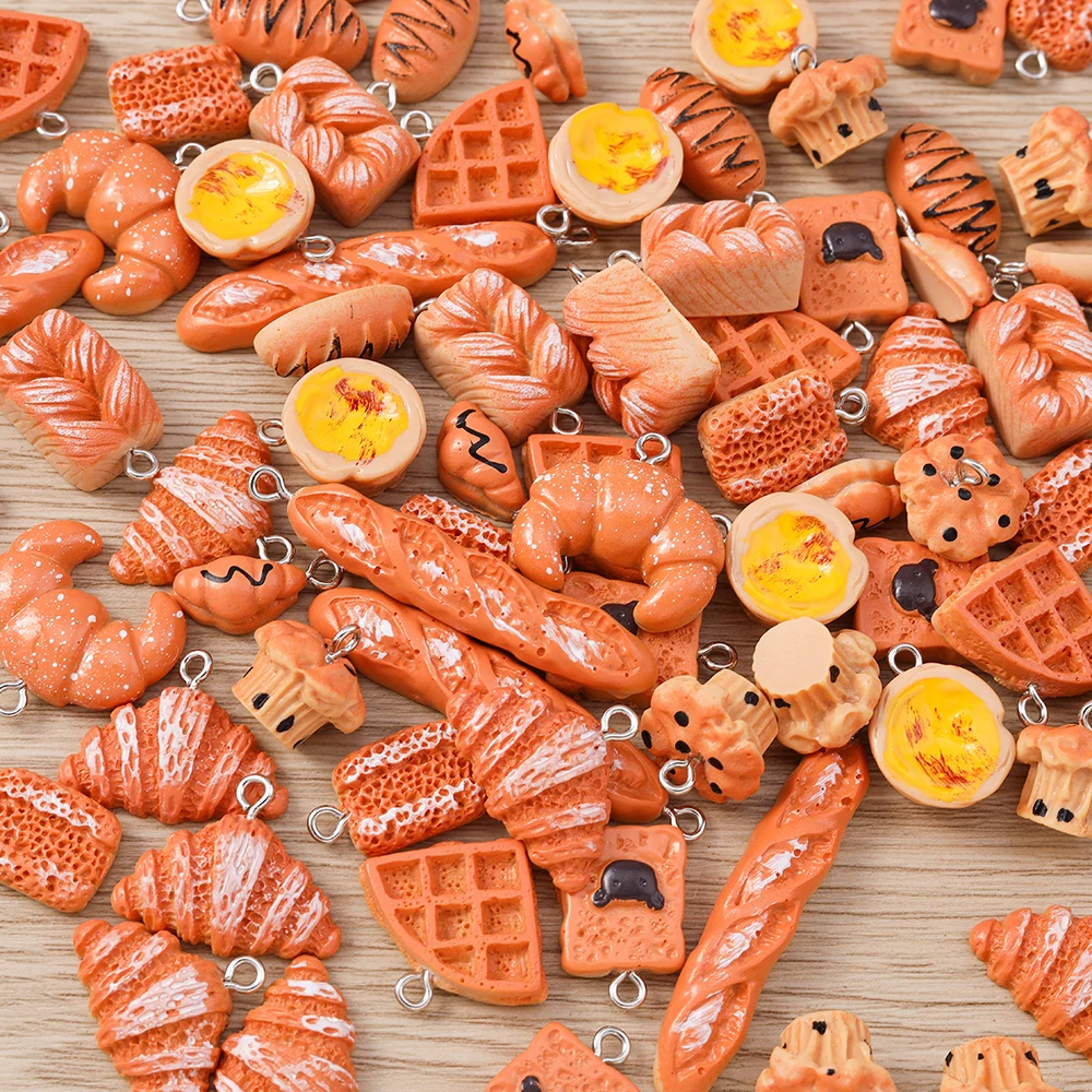 Tusember 10 Stück Niedliche Waffel-Croissant-Anhänger aus Harz, Keks-Anhänger für DIY-Schmuck, Schlüsselanhänger, Armbänder und Bastelzubehör – Detail 1