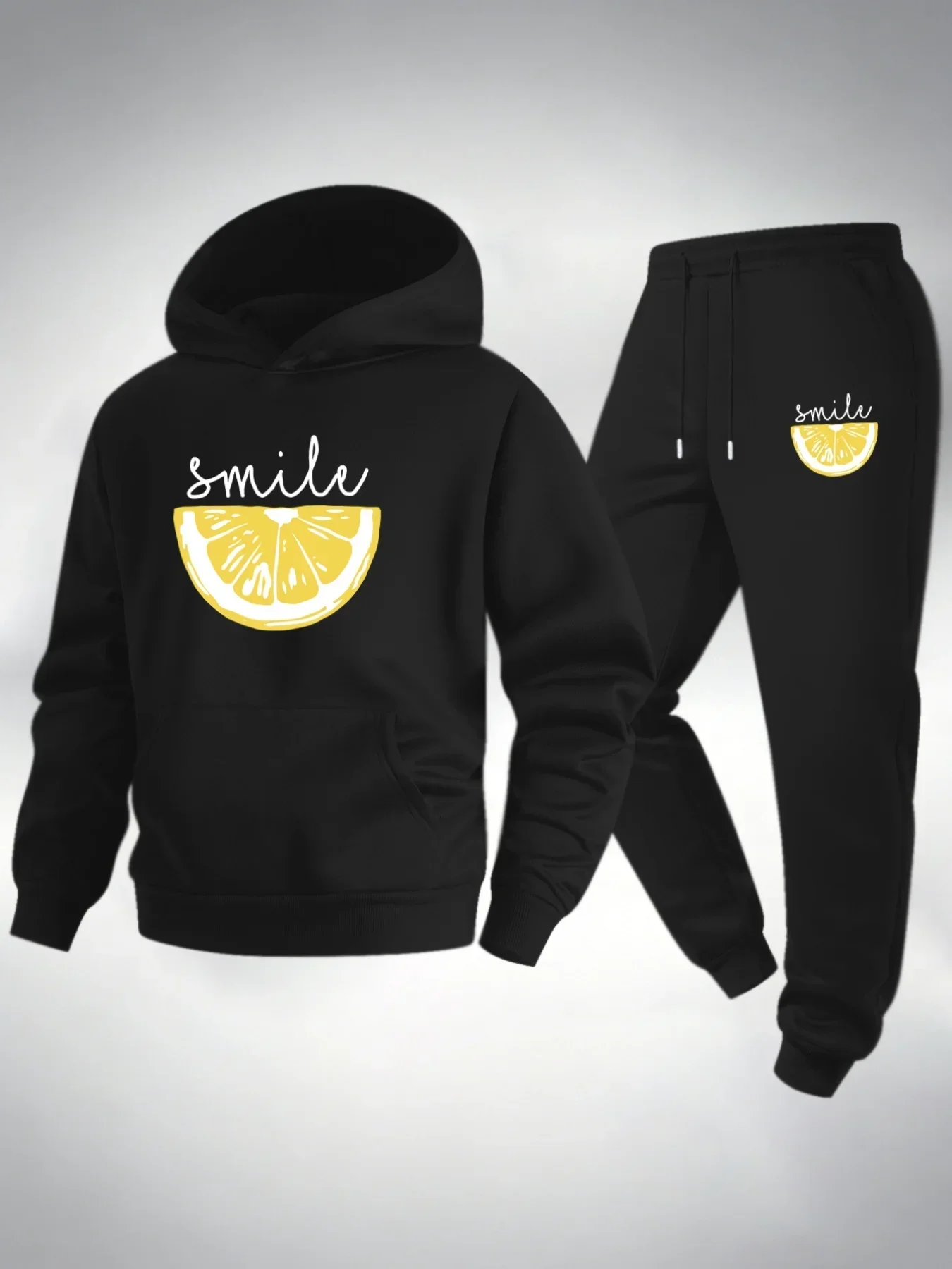 2026 Autumn Winter Men Smile Lemon Print Hoodie Tracksuit 2 Piece Set Casual Hooded Sweatshirt & Jogger Pants Outfit